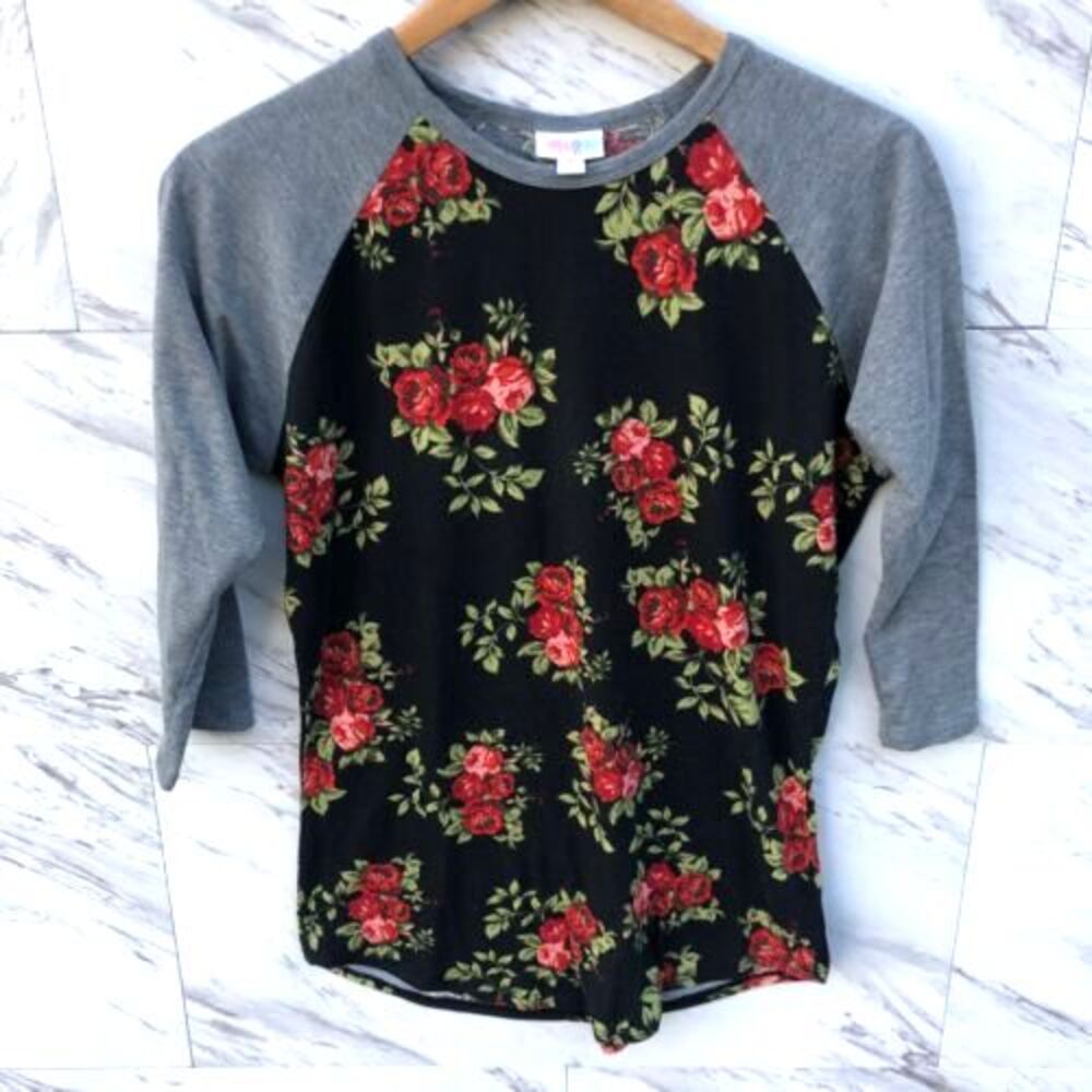 LuLaRoe Women's Raglan Top, Grey Sleeves, Black Floral Pattern Body Small